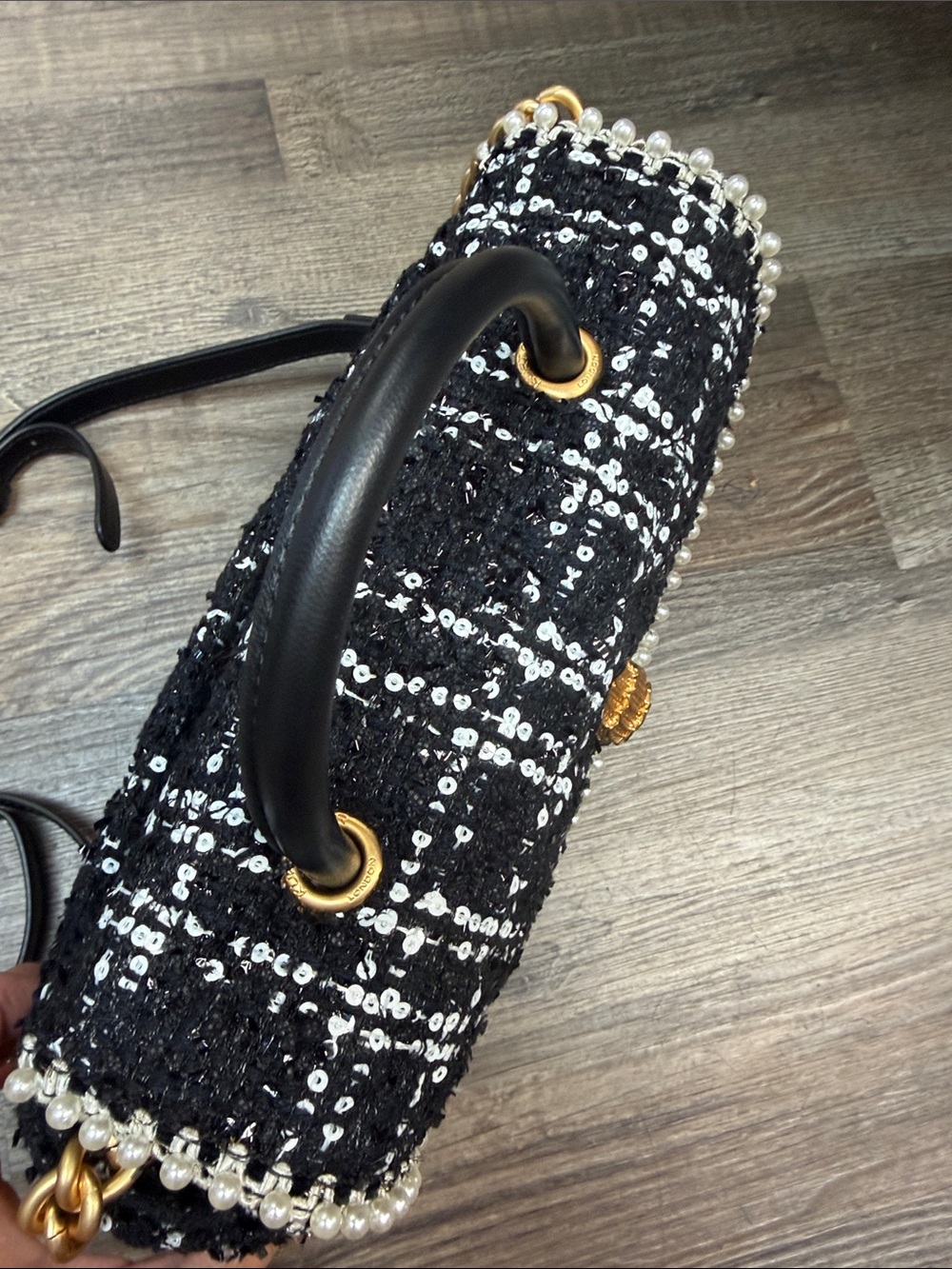 Kurt Geiger Tweed Black White Kensington Sequin Pearl Trim Handbag Purse - Picture 4 of 11